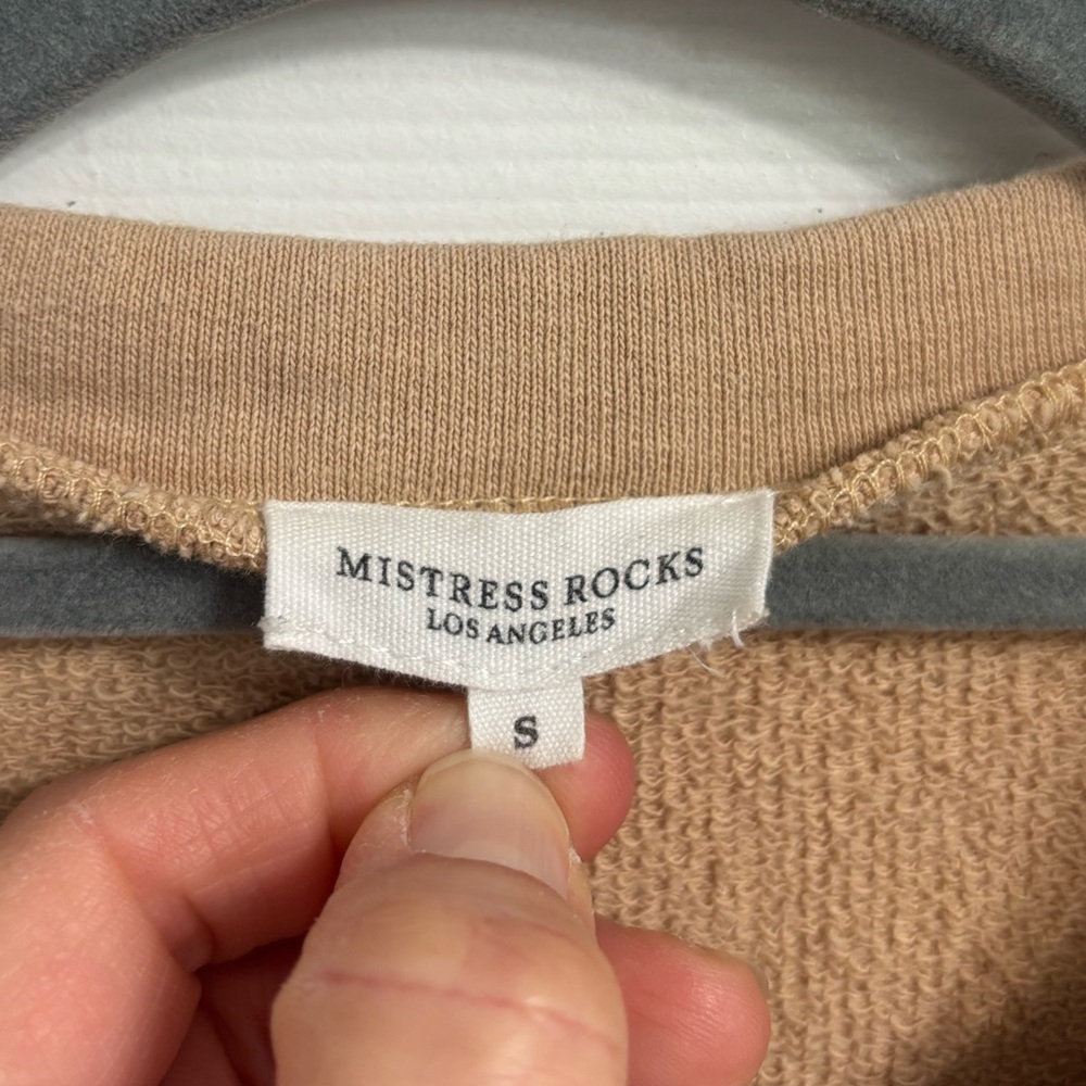 Mistress Rocks Risk Taker Distressed Tan Cropped Sweatshirt Size Small - Picture 2 of 7